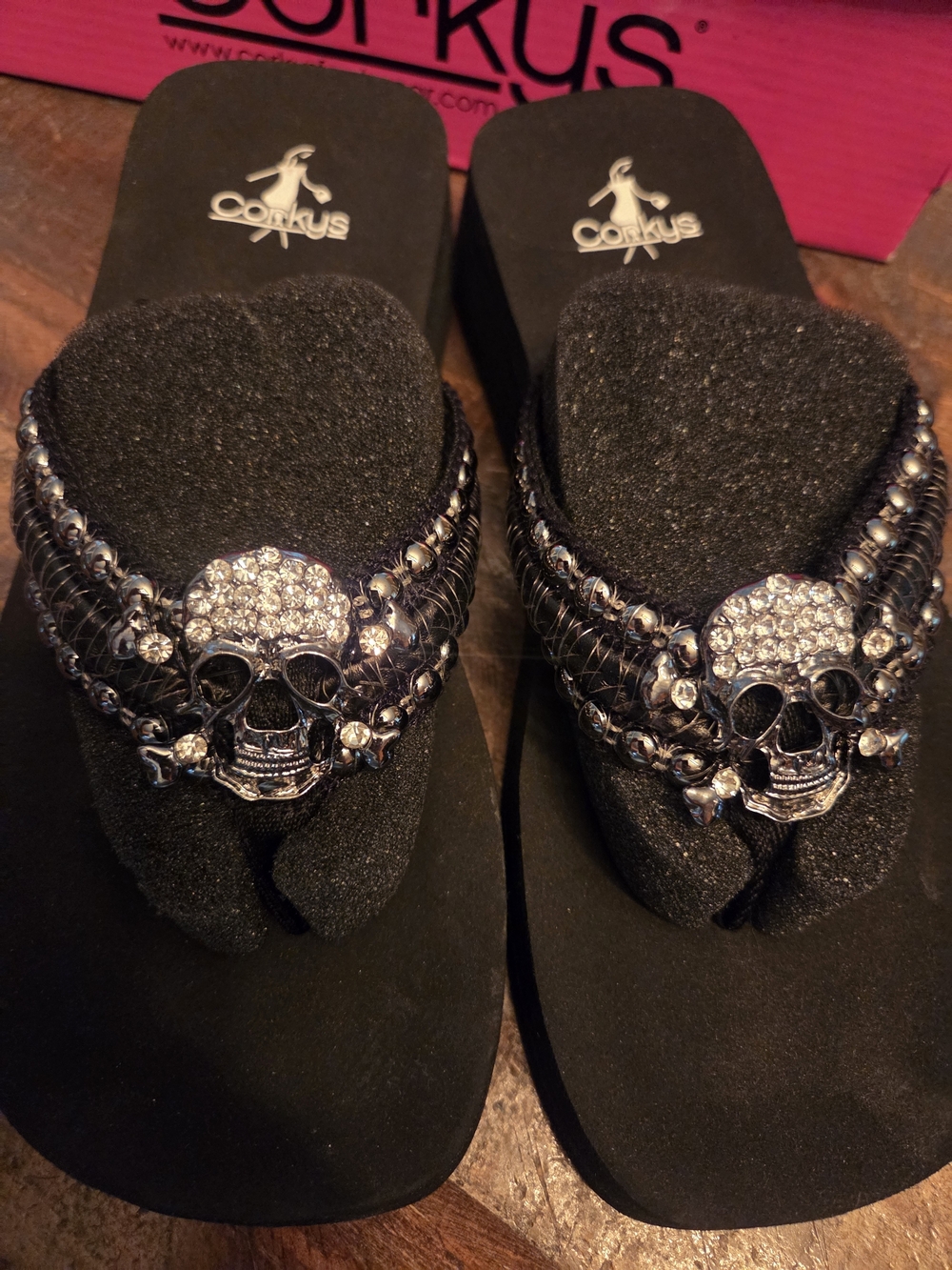 Corkys Women’s Black Rhinestone Skull Wedge Sandals